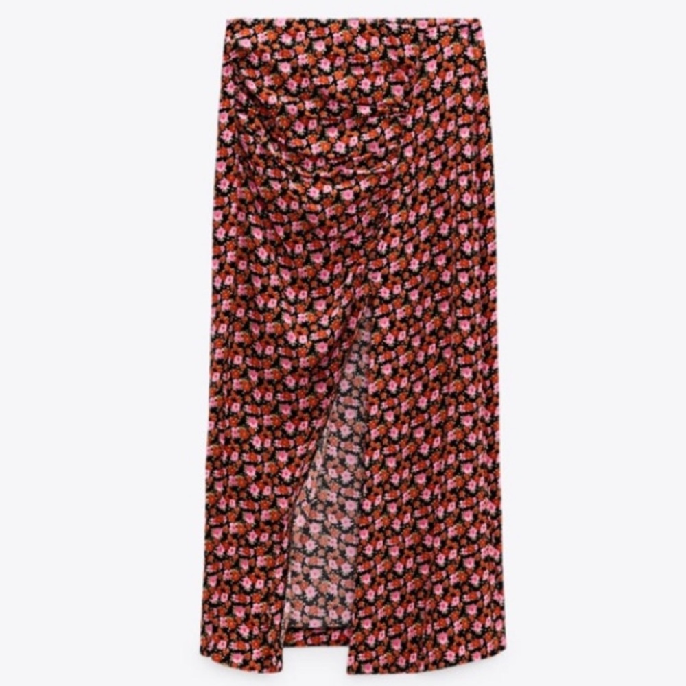 ZARA Floral MIDI SKIRT With Front Rushing